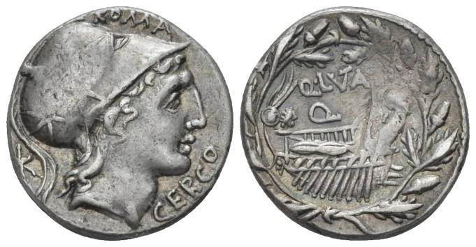 Q. Lutatio Cerco. Denarius 109 or 108, AR 17.50 mm., 3.90 g.
Head of Roma r., w...