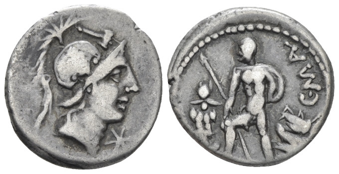 C. Poblicius Malleolus Denarius circa 96 (?), AR 17.80 mm., 3.79 g.
Helmeted he...