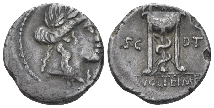 M. Volteius M.f. Denarius circa 78, AR 16.70 mm., 3.82 g.
Laureate head of Apol...