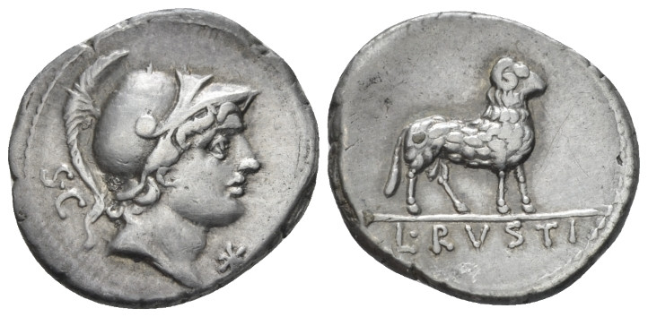 L. Rustius. Denarius circa 76, AR 19.90 mm., 3.88 g.
Helmeted head of Minerva r...