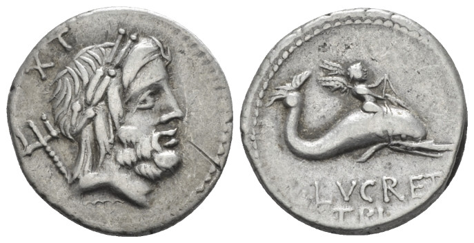 L. Lucretius Trio. Denarius circa 76, AR 19.30 mm., 3.90 g.
Laureate head of Ne...