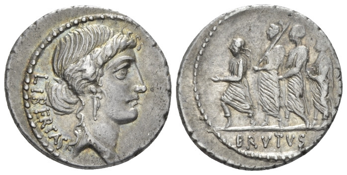 M. Iunius Brutus. Denarius circa 54, 19.40 mm., 3.83 g.
LIBERTAS Head of Libert...