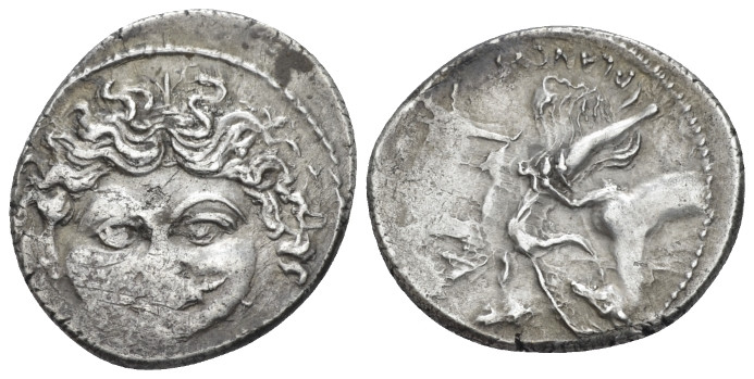 L. Plautius Plancus. Denarius circa 47, AR 18.30 mm., 4.07 g.
Head of Medusa fa...