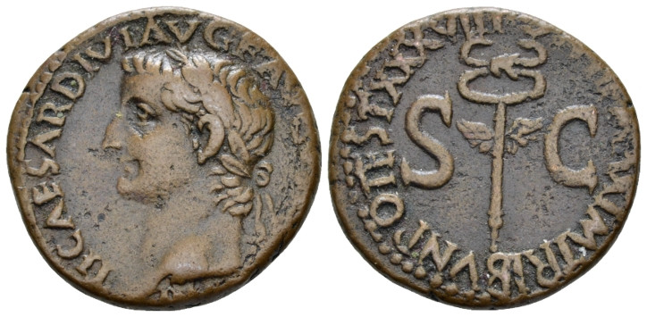 Tiberius, 14-37 As Rome 35-36, Æ 25.30 mm., 10.31 g.
Laureate head l. Rev. Wing...