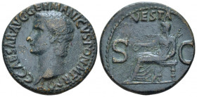 Gaius, 37-41 As Rome 37-38, Æ 27.50 mm., 10.68 g.
Bare head l. Rev. Vesta, diademed and veiled, seated l. on ornamental throne, holding patera and lo...