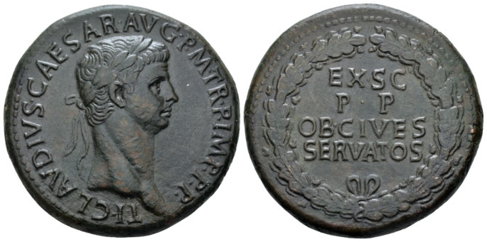 Claudius, 41-54 Sestertius circa 50-54, Æ 35.00 mm., 28.59 g.
Laureate head r. ...