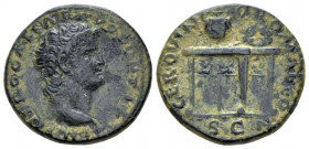 Nero, 54-68 Semis Lugdunum circa 66, Æ 19.90 mm., 5.54 g.
Laureate head r., globe at point of bust. Rev. Agonistic prize table, prize urn and wreath ...