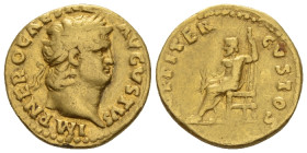 Nero, 54-68 Aureus Rome circa 64-65, AV 18.20 mm., 7.18 g.
Laureate head r. Rev. Jupiter seated l. on throne, holding thunderbolt and long sceptre. C...