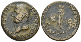 Vitellius, 69 As Tarraco 69, Æ 27.00 mm., 11.53 g.
Laureate head l., with globe at point of bust. Rev. Victory advancing l., holding in r. hand shiel...