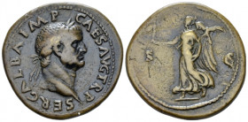 Galba, 68-69 Sestertius Rome circa 68, Æ 35.80 mm., 26.84 g.
Laureate head r. Rev. Victory advancing l., holding Palladium and palm branch. BMC 104. ...