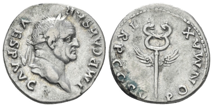 Vespasian, 69-79 Denarius Rome 74, AR 18.80 mm., 3.44 g.
Laureate head r. Rev. ...