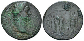 Domitian, 81-96 As Rome 88, Æ 28.20 mm., 9.05 g.
Laureate head r. Rev. Domitian standing l., sacrificing over altar; to l., lyre and flute players st...