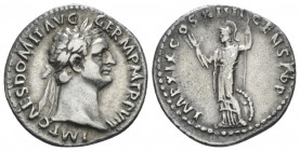 Domitian, 81-96 Denarius Rome 88-89, AR 19.00 mm., 3.29 g.
Laureate head r. Rev. Minerva standing l., holding thunderbolt and spear; shield set on gr...