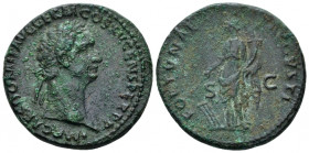 Domitian, 81-96 As Rome 90-91, Æ 28.00 mm., 11.43 g.
Laureate head r. Rev. Fortuna standing l., holding rudder and cornucopiae. C 131. RIC 707.

Su...