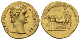 Domitian, 81-96 Aureus 92-94 (?), AV 19.80 mm., 7.52 g.
DOMITIANVS – AVGVSTVS Bare head r. Rev. GERMANICVS Domitianus driving slow quadriga l., holdi...