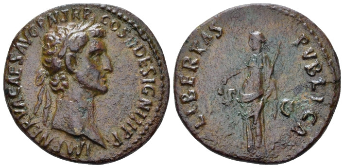 Nerva, 96-98 As Rome 96, Æ 27.30 mm., 9.11 g.
Laureate head r. Rev. Libertas st...