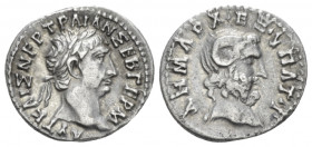 Trajan, 98-117 Hemidrachm Cyrene 100, AR 1.52 mm., 1.95 g.
Laureate head r. Rev. Head of Zeus Ammon r. BMC 57-58. Sydenham 156.

Good Very fine

...