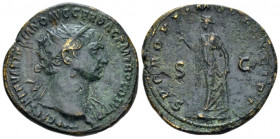 Trajan, 98-117 Dupondius Rome circa 109-110, Æ 28.00 mm., 13.79 g.
Radiate bust r., slight drapery. Rev. Spes advancing l., holding flower and raisin...