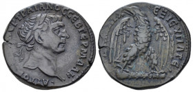Trajan, 98-117 Tetradrachm Antiochia circa 110-111, AV 24.50 mm., 10.63 g.
Laureate head r. Rev. Eagle with spread wings standing facing on club, hea...