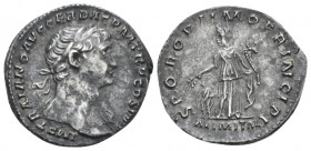 Trajan, 98-117 Denarius circa 112-113, AR 19.00 mm., 3.17 g.
Laureate bust r. with drapery on l. shoulder. Rev. Anonna standing to facing, holding co...