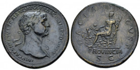 Trajan, 98-117 Sestertius Rome circa 112-114, Æ 34.30 mm., 23.95 g.
Laureate bust r. with drapery on l. shoulder. Rev. Dacia seated l. on pile of roc...