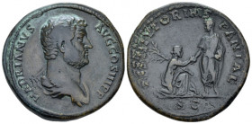 Hadrian, 117-138 Sestertius Rome circa 130-138, Æ 33.30 mm., 25.63 g.
Bare headed and draped bust r. Rev. Hadrian standing l., extending r. hand to r...