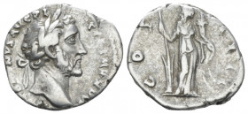 Antoninus Pius, 138-161 Denarius Rome 153-154, AR 17.00 mm., 3.20 g.
Laureate head r. Rev. Fortuna standing r., holding rudder set on globe and cornu...