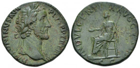 Antoninus Pius, 138-161 Sestertius Rome 153-154, Æ 29.00 mm., 20.05 g.
Laureate head r. Rev. Indulgentia seated l., extending r. hand and holding sce...