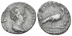 Diva Faustina I Denarius Rome After 141, AR 18.00 mm., 3.43 g.
Diademed and draped bust r. Rev. Peacock standing r., head l. C 175. RIC 384.

Very ...