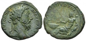 Marcus Aurelius, 161-180 As Rome 174-175, Æ 25.00 mm., 9.13 g.
Laureate head r. Rev. Tiber reclining l., resting r. hand on boat. C 348. BMC 1498. RI...