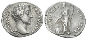 Marcus Aurelius caesar, 139-161 Denarius Rome 148-149, AR 18.00 mm., 2.73 g.
Bare head r. Rev. Providentia standing l., holding cornucopiae and leani...