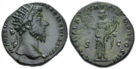 Marcus Aurelius, 161-180 Dupondius Rome 164-165, Æ 24.00 mm., 12.64 g.
head r. Rev. Liberalitas standing l., holding abacus and cornucopiae. C 411. R...