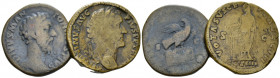 Divus Marcus Aurelius. Lot of 2 Sestertii. Ma. Aurelius and A. Pius. After 180, Æ 31.00 mm., 49.38 g.
Bare head r. Rev. Eagle standing r., head l., o...