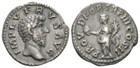 Lucius Verus, 161-169 Denarius Rome Denarius, AR 18.00 mm., 3.25 g.
Bare head r. Rev. Providentia standing l., holding globe in r. hand and cornucopi...