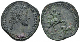 Commodus, 177-192 Sestertius Rome circa 177-180, Æ 33.00 mm., 26.75 g.
Laureate head r. Rev. Commodus on prancing horse r., spearing lion. C 972. RIC...