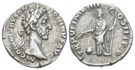 Commodus, 177-192 Denarius Rome 181, AR 18.00 mm., 3.37 g.
Laureate head right. Rev. Providentia standing left holding wang over globe and sceptre. R...