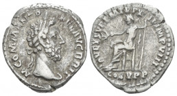 Commodus, 177-192 Denarius Rome 186-187, AR 18.00 mm., 2.77 g.
Laureate head r. Rev .Jupiter, naked to waist, seated to l. on low seat, holding branc...