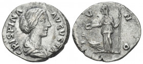 Crispina, wife of Commodus Denarius Rome 177-183, AR 18.00 mm., 3.37 g.
Draped bust r. Rev. Juno standing l. holding patera and sceptre; on l., peaco...