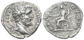Septimius Severus, 193-211 Denarius Rome 194, AR 20.00 mm., 3.00 g.
Laureate head r. Rev. Pax enthroned l., holding branch and cornucopiae. RIC 37. C...