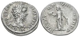 Septimius Severus, 193-211 Denarius Laodicaea 198-202, AR 18.00 mm., 3.35 g.
Laureate head r. Rev. Fides standing l., holding basket of fruit and gra...
