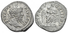 septimius Severus, 193-211 Denarius Rome 207, AR 20.00 mm., 3.26 g.
Laureate head r. Rev. Victory standing r., foot on globe, inscribing shield set o...