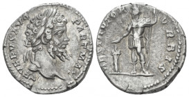 Septimius Severus, 193-211 Denarius Rome circa 200-201, AR 17.00 mm., 3.37 g.
Laureate head r. Rev. Emperor standing facing, head l., in military att...