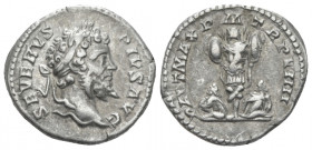 Septimius Severus, 193-211 Denarius Rome 201, AR 18.00 mm., 3.61 g.
Laureate head r. Rev. Trophy of arms, with two captives seated at base. C 370. RI...