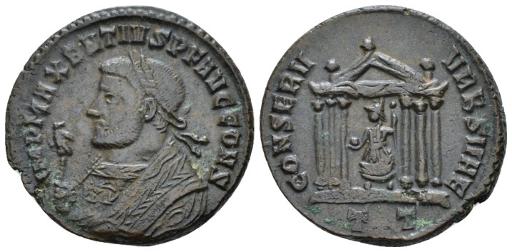 Maxentius, 306-312 Follis Ticinum circa 308-310, Æ 25.40 mm., 7.57 g.
Laureate ...