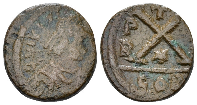 Justin II, 565-578 10 Nummi Carthage 565-566, Æ 16.80 mm., 3.61 g.
Diademed, dr...