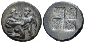 Islands off Thrace, Thasos., Stater Early XX cent., PB 21.20 mm., 9.89 g.
Nude ithyphallic satyr, with long beard and long hair, moving right in 'run...