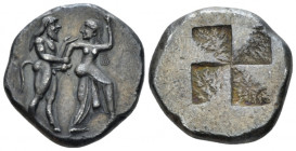 siri or Late, Stater Early XX cent., PB 21.00 mm., 9.93 g.
Nude ithyphallic satyr grasping r. arm of nymph, trying to move away from him. Rev. Rough ...