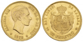 , Alfonso XII, 1874-1885 25 Pesetas 1878, AV 24.10 mm., 8.08 g.
Fr. 342. KM 673.

Good Very fine
