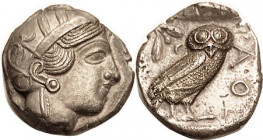 ATHENS, Tet, 449-413 BC, Athena head r/owl stg r, S2526; EF, well centered & sharply struck with, once more, the hair waves absolutely sharp; moderate...