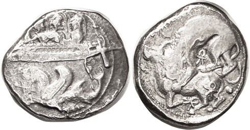 BYBLOS, Dishekel, Ainel, c.350-315 BC, 3 hoplites on galley, hippocamp below/Lio...